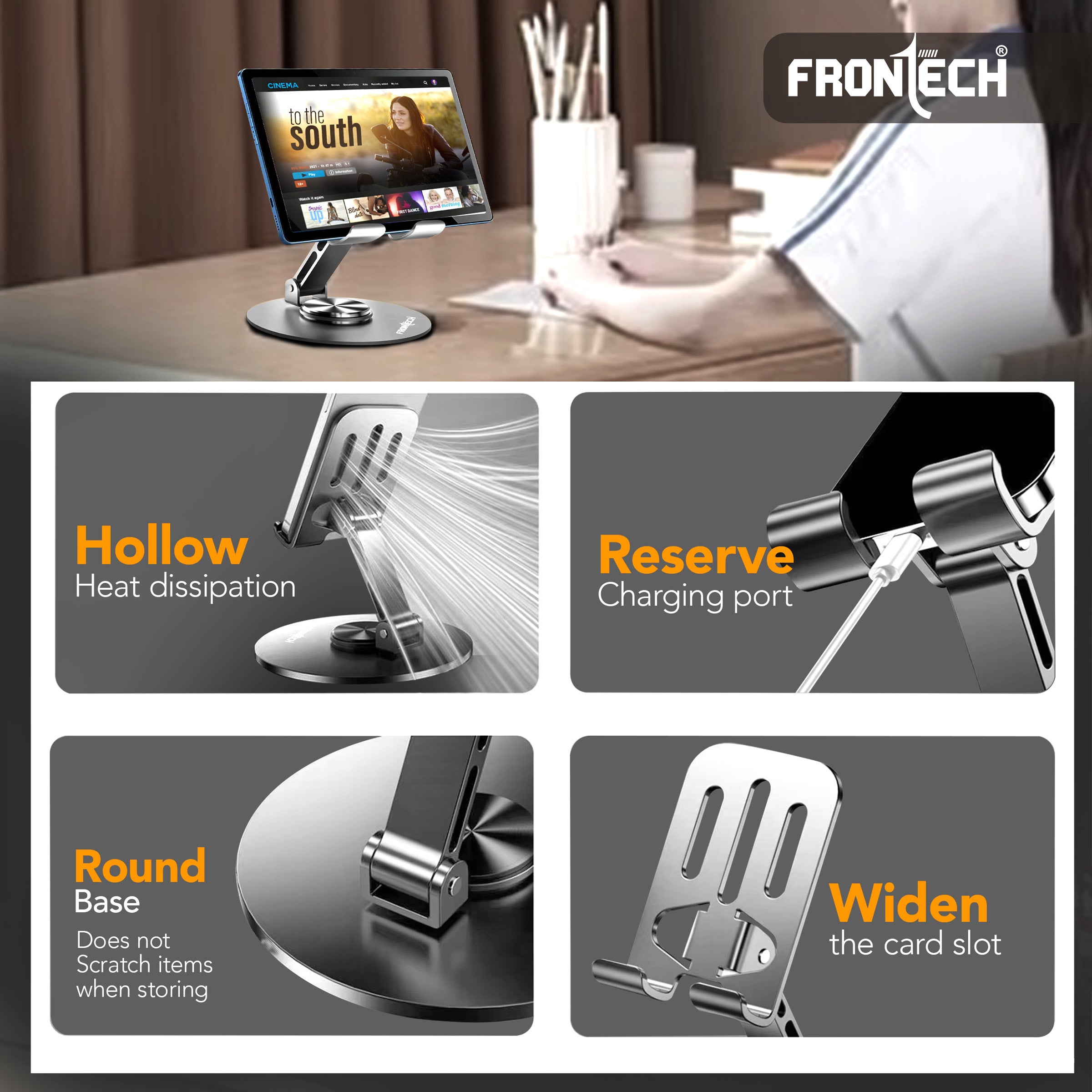 Frontech Mobile Holder, 360° Rotatable & Foldable Mobile Phone Holder With Stable Metallic base,Adjustable Height, Anti Skid Pad,Tabletop Mobile Phone Stand for all Smartphones. (CCH-0014GRY) Frontech Mobile Holder, 360° Rotatable & Foldable Mobile Phone Holder With Stable Metallic base,Adjustable Height, Anti Skid Pad,Tabletop Mobile Phone Stand for all Smartphones. (CCH-0014GRY)